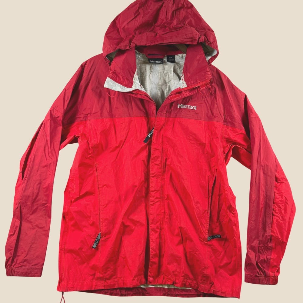 Marmot Rain Jacket Women L Red Hooded Waterproof Hiking Outdoor Shell Light